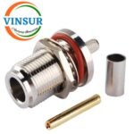 11121215-- RF CONNECTOR - 50OHMS ,  N FEMALE , STRAIGHT , BULK HEAD REAR MOUNT , CRIMP TYPE , RG58, RG142, LMR195 CABLE