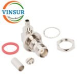 11222215 -- RF CONNECTOR - 50 OHMS ,TNC FEMALE , RIGHT ANGLE, BULKHEAD REAR MOUNT , CRIMP TYPE , RG58, RG142, LMR195 CABLE