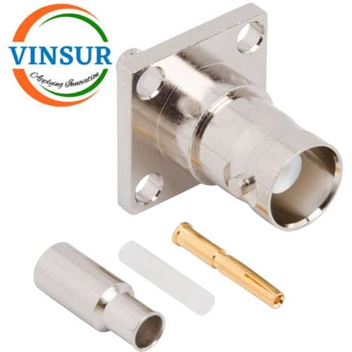 11321414-RF-CONNECTOR-50OHMS-BNC-FEMALE-STRAIGHT-4-HOLE-FLANGE-CRIMP-TYPE-RG316-RG174-RG188-LMR100-CABLE-1.jpg 11321414 -- RF CONNECTOR - 50OHMS , BNC FEMALE , STRAIGHT , 4 HOLE FLANGE , CRIMP TYPE , RG316, RG174, RG188, LMR100 CABLE - Image 1