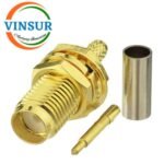 11921214 -- RF CONNECTOR - 50 OHMS , RP SMA FEMALE , STRAIGHT, BULK HEAD REAR MOUNT , CRIMP TYPE , RG316, RG174, RG188, LMR100 CABLE
